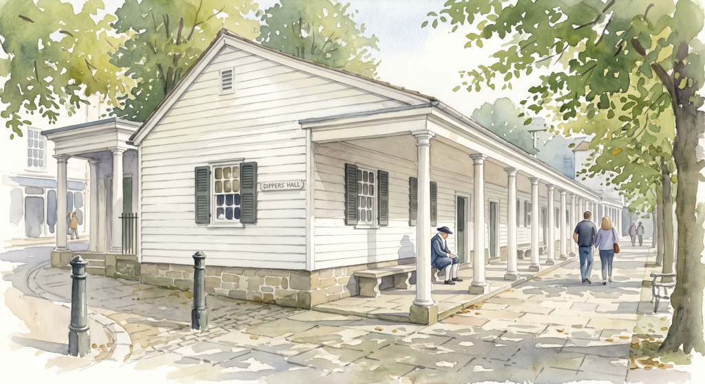 Watercolour illustration of Dippers' Hall, a historic white wooden building with a long colonnaded walkway