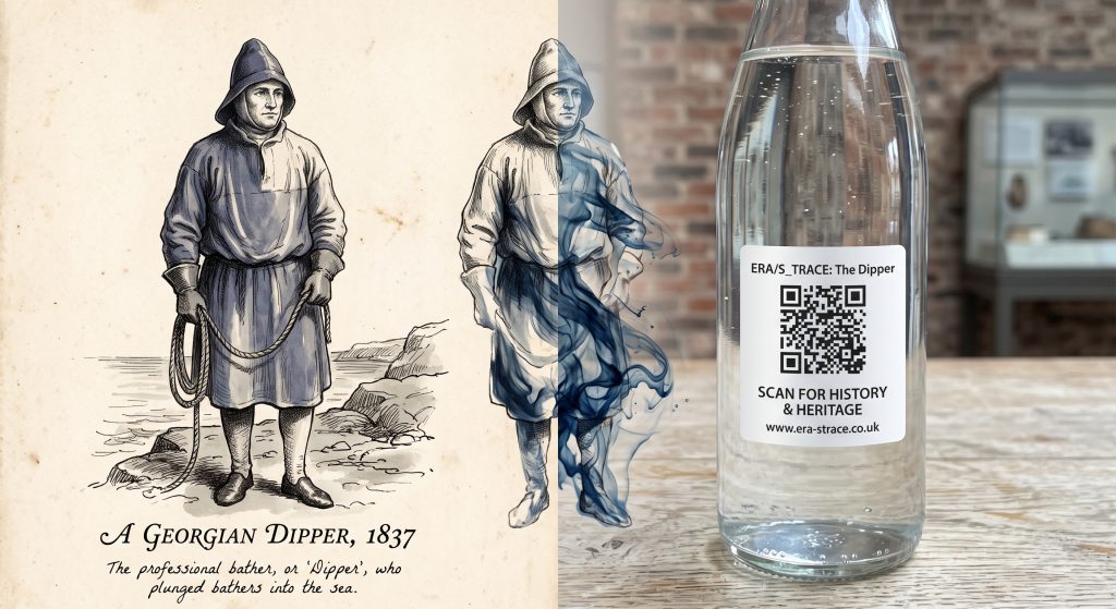 An 1837 illustration of a Georgian Dipper dissolving into a clear bottle with a QR code for ERA/S_TRACE: The Dipper