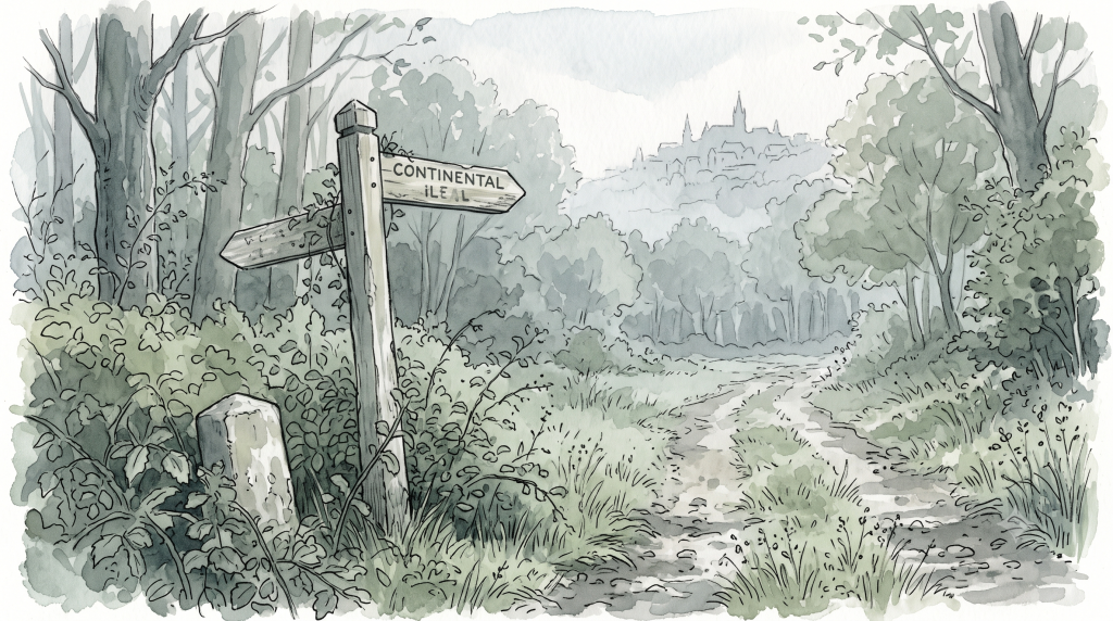 A wooden signpost beside a woodland trail pointing towards a distant hilltop town, reading CONTINENTAL ILEAL