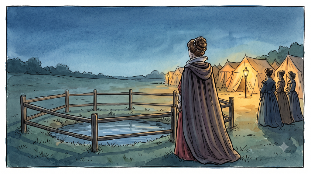 A woman in a hooded cloak stands by a fenced pool at dusk, looking towards illuminated tents and attendants