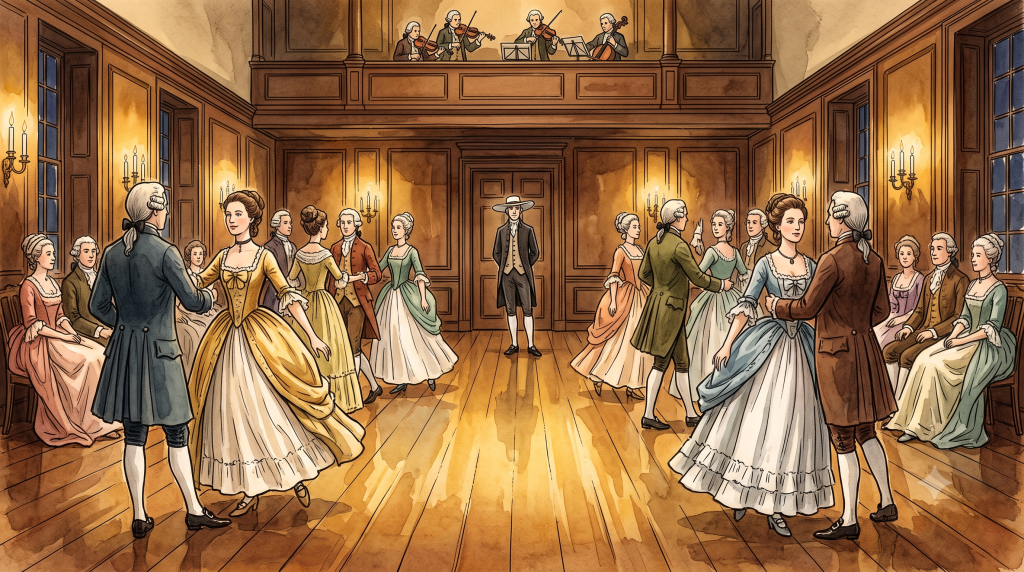 Couples dressed in 18th-century attire dance in a wood-panelled ballroom while musicians play from a balcony above