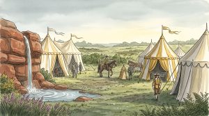 A 17th-century campsite with striped tents, horses, and figures in historical dress beside a waterfall and pool