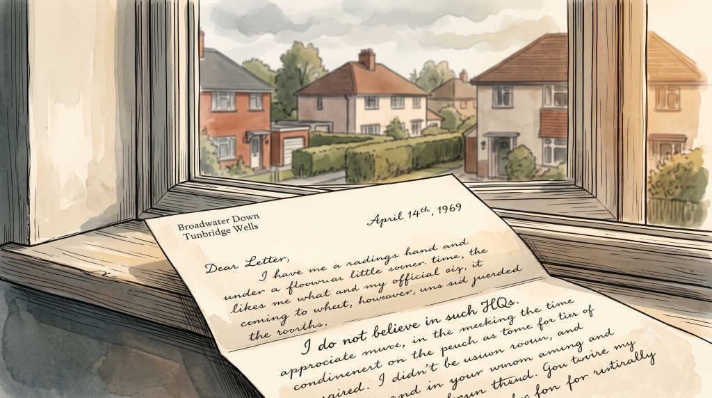 A handwritten letter dated April 14th, 1969 on a wooden window sill overlooking suburban red-brick houses