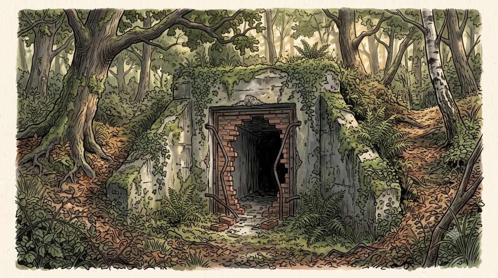 Overgrown concrete bunker in a woodland with a breached brick doorway opening into a dark tunnel
