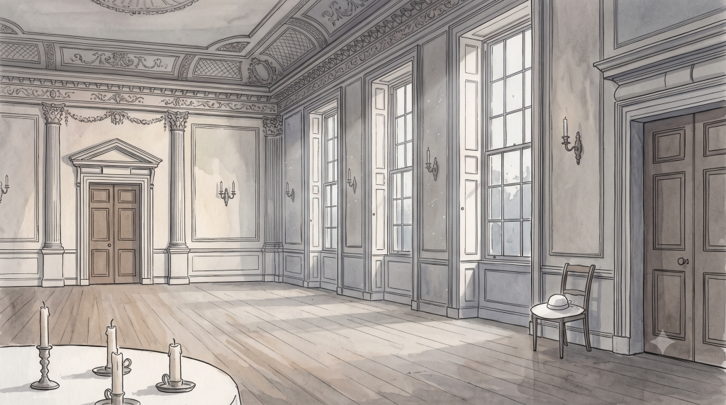 Illustration of an ornate room with high ceilings, tall sash windows, candles on a table, and a hat on a chair