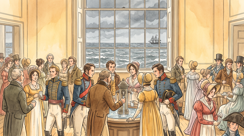 Regency-era crowd drinking water from a fountain inside a seaside pump room overlooking a stormy ocean