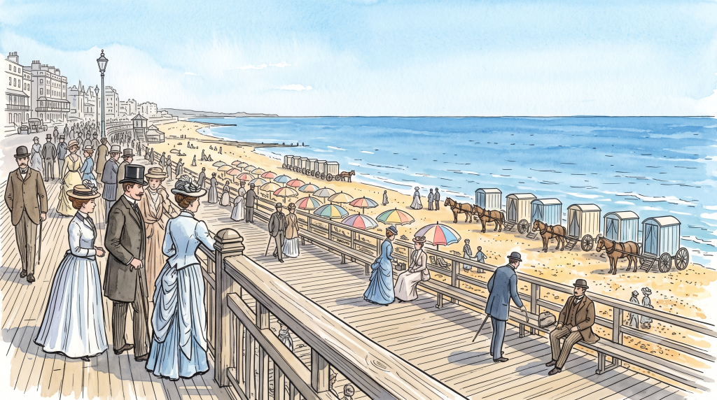 Victorian holidaymakers strolling along a promenade overlooking a beach with parasols and horse-drawn bathing machines