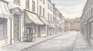 Historic cobblestone street with Georgian buildings and a sedan chair parked on the pavement outside a shop