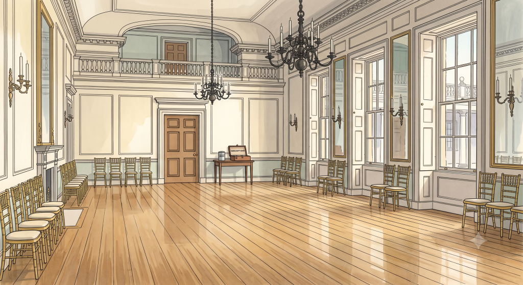 Illustration of an empty Georgian hall with polished wooden floors, chandeliers, tall windows, and chairs along the walls