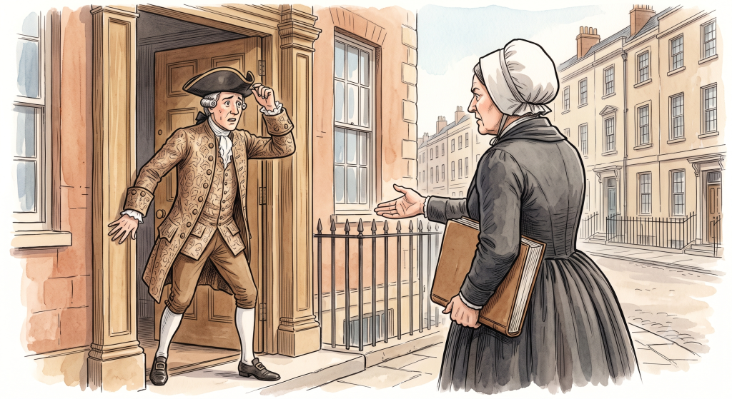 A woman in a bonnet holding a book gestures to a startled man in 18th-century clothing stepping out of a doorway