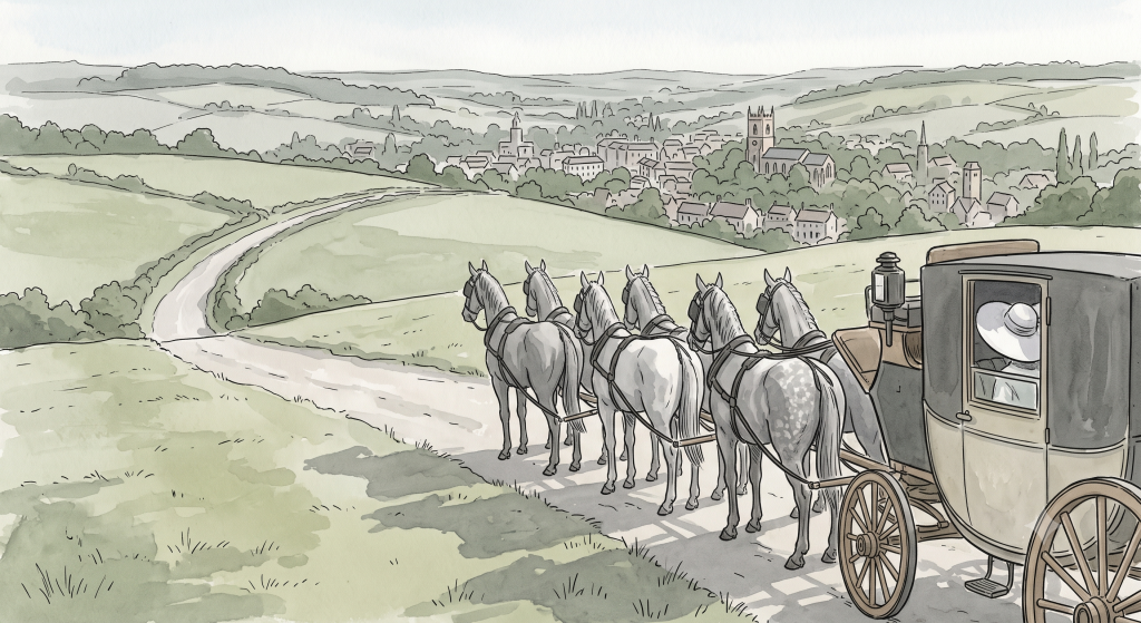 A horse-drawn carriage pulled by six horses travels along a hilltop road towards a rural village