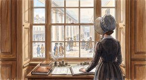 A woman in Regency dress looks out a window at a colonnade, standing at a desk with stacks of coins and open ledgers