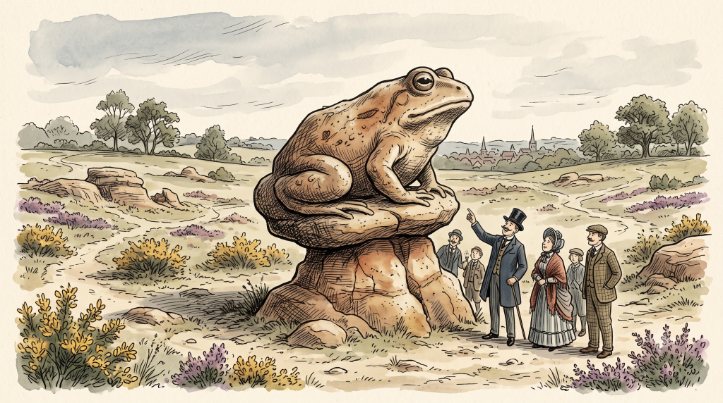 Victorian visitors gather around a giant toad-shaped rock formation in a heathland landscape