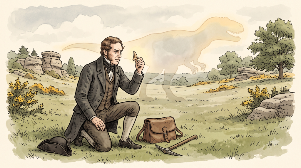 A 19th-century naturalist kneels in a field examining a fossil tooth, with a faint dinosaur silhouette behind him