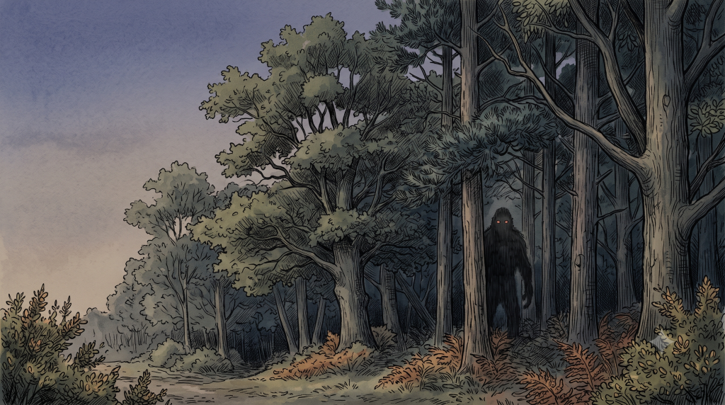 A dark, hairy creature with glowing red eyes lurking among tall trees in a dense forest at dusk