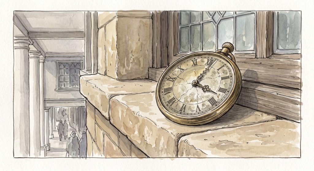 Watercolour illustration of an antique pocket watch with a cracked glass face resting on a stone window ledge