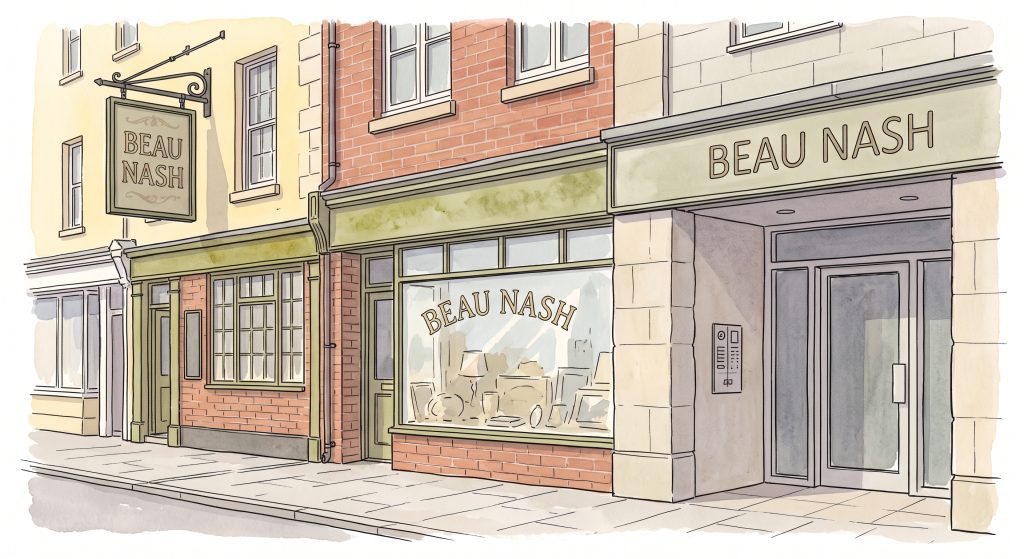 Watercolour illustration of the Beau Nash shopfront with signage on a hanging sign, window, and fascia