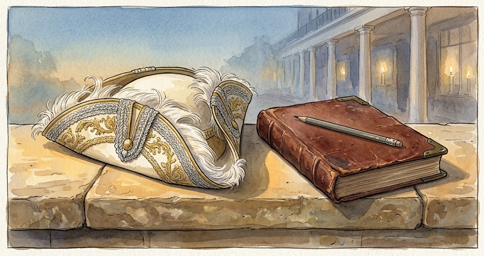 An ornate gold-embroidered tricorn hat with white feathers beside a leather-bound journal and pencil on a stone ledge