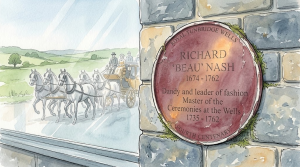 Commemorative plaque for Richard 'Beau' Nash, Master of Ceremonies at Royal Tunbridge Wells, beside a horse-drawn carriage